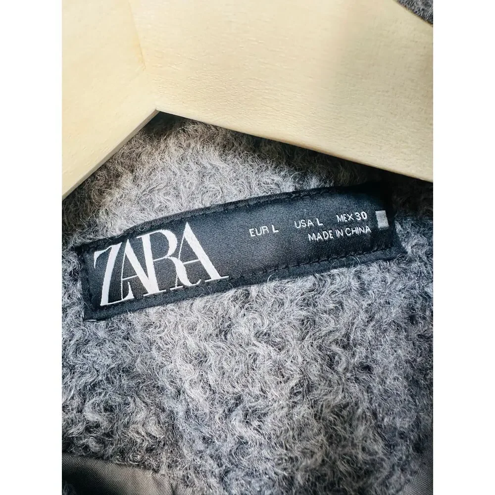 Zara Boucle Cropped Zip Front Jacket in Charcoal Gray Textured Fabric